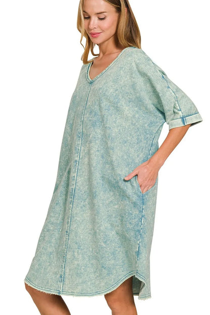 Acid-washed French Terry Tee Shirts Dress - Ash Blue - product view 2