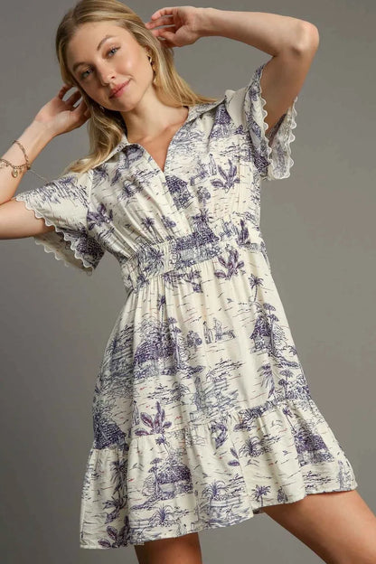 Full Size Landscape Print Collared Mini Dress Plus Size - Cream - product view 2