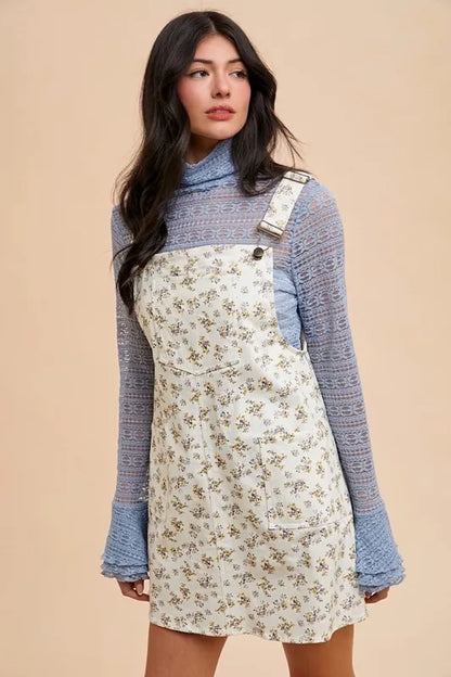Stretch Ditsy Print Denim Overall Mini Dress in Ivory - product view 1