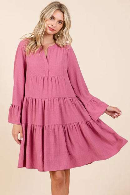 Tiered Notched Flare Sleeve Dress - Rose - product view 3