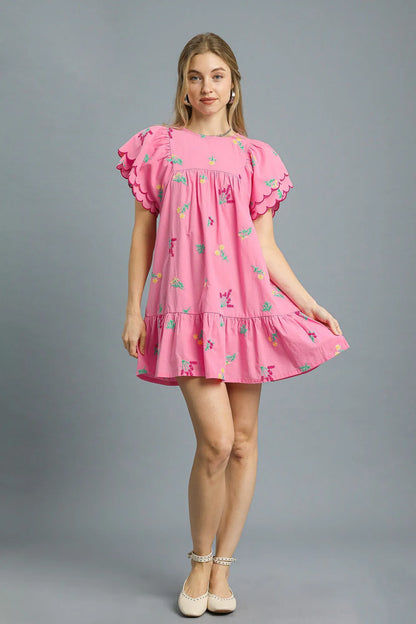 Floral Embroidered Short Sleeve Mini Dress - Pink - product view 1
