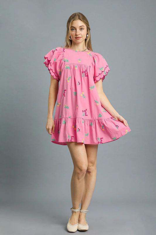Floral Embroidered Short Sleeve Mini Dress - Pink - product view 1