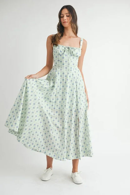 Floral Print Bustier Back Lace Up Midi Dress - Mint - product view 5
