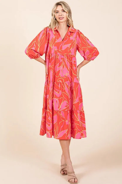 Tiered Printed Collared Neck Midi Dress in Coral - product view 8