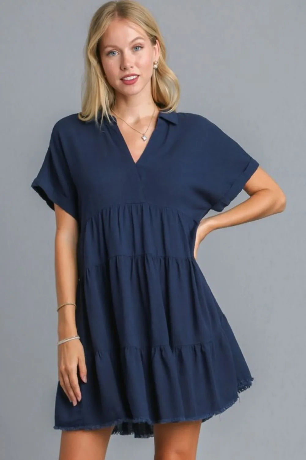 Full Size Raw Hem Folded Sleeve Tiered Dress Plus Size - Dark Navy - product view 1