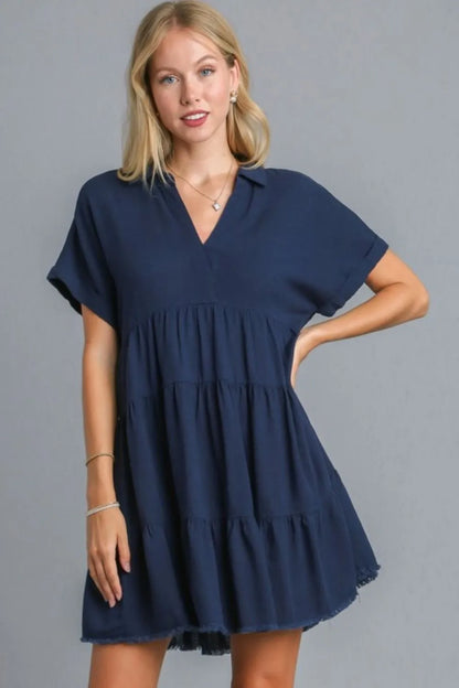 Full Size Raw Hem Folded Sleeve Tiered Dress Plus Size - Dark Navy - product view 1