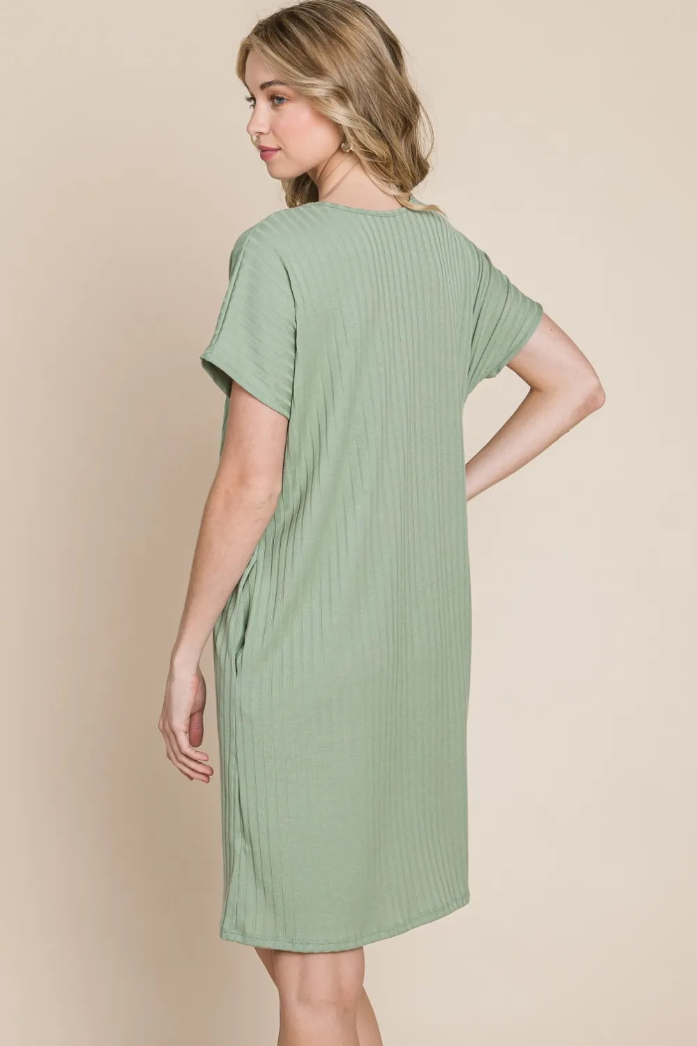 Ribbed Round Neck Short Sleeve Dress in Sage - product view 2