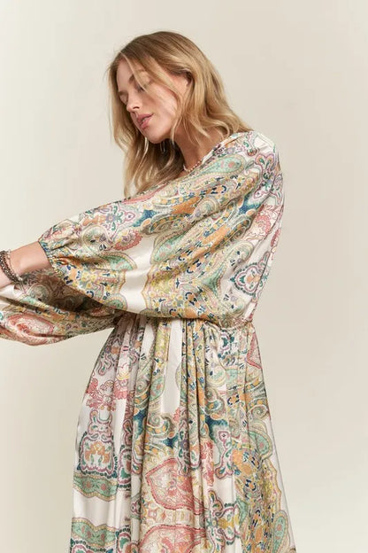 Printed V-Neck Batwing Sleeve Dress - Light Green - product view 7