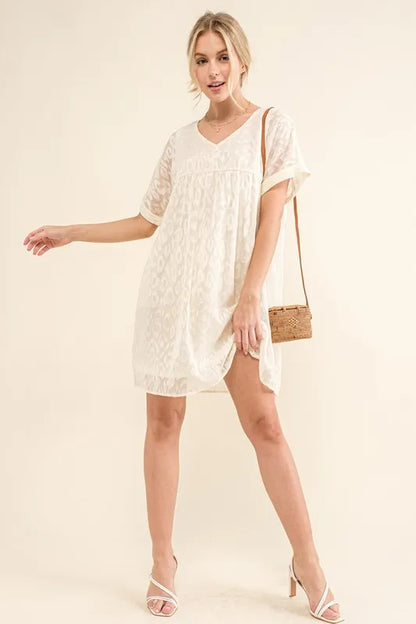 Woven Leopard Baby Doll Roll-Sleeve Casual Dress - White - product view 4