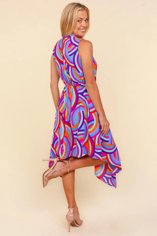 Full Size Mock Neck Sleeveless Printed Dress in Blue/Orange/Lilac - product view 2