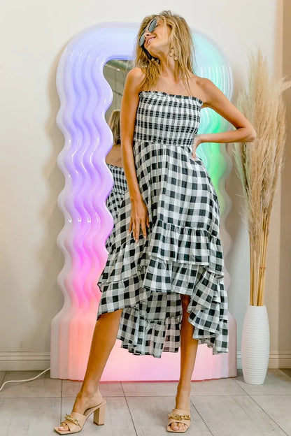 Smocked Body Off Shoulder Check Dress - Black/Ivory - product view 3
