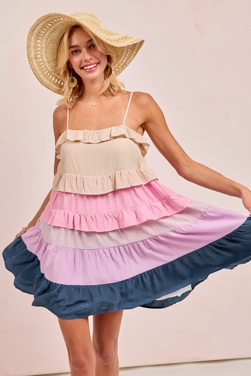 Color Blocked Tiered Dress - Cream/Pink/Lilc/Teal - product view 9