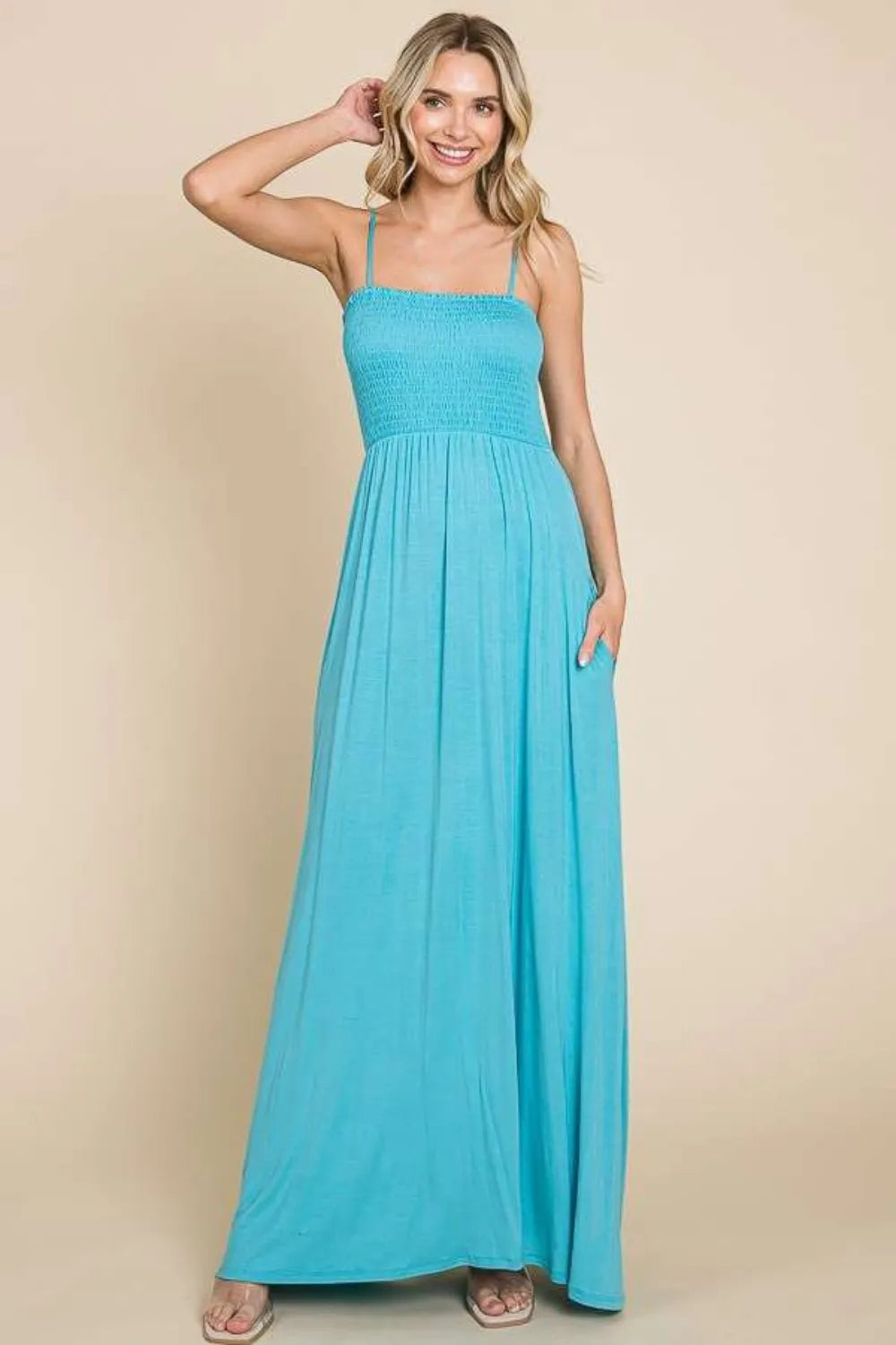 Full Size Smocked Cami Maxi Dress with Pockets - Pastel Teal - product view 1