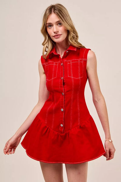 Button Down Sleeveless Collared Game Day Mini Dress - Red - product view 3