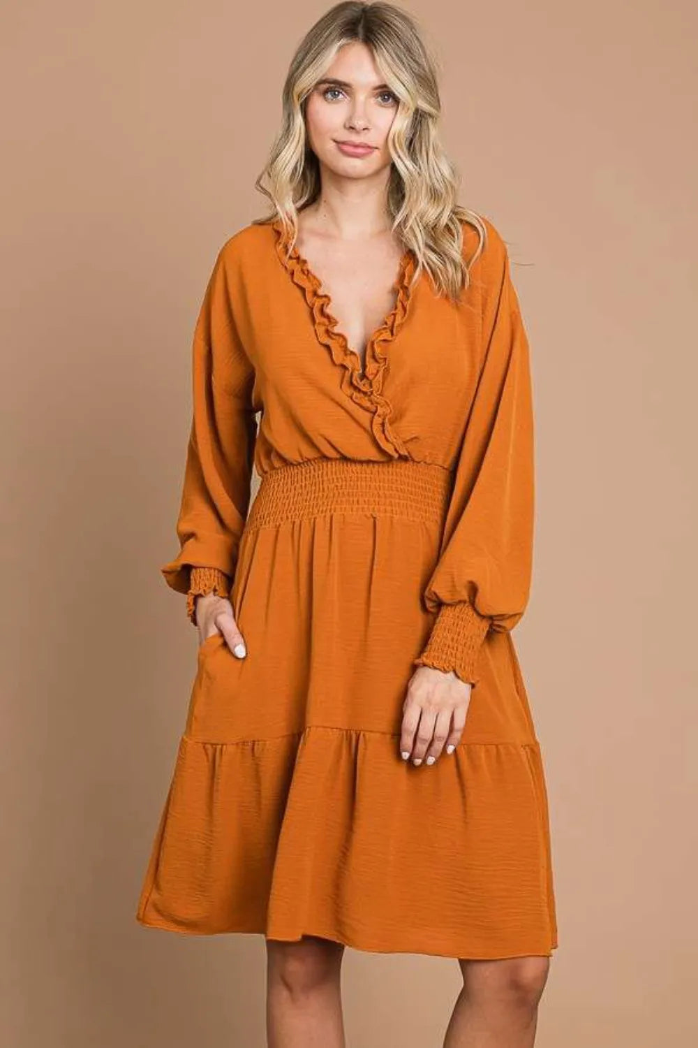 Full Size Frill Smocked Lantern Sleeve Mini Dress in Ginger - product view 3
