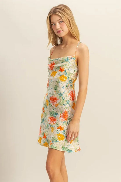 Floral Cowl Neck Flirty Satin Mini Dress - Apple Green - product view 3