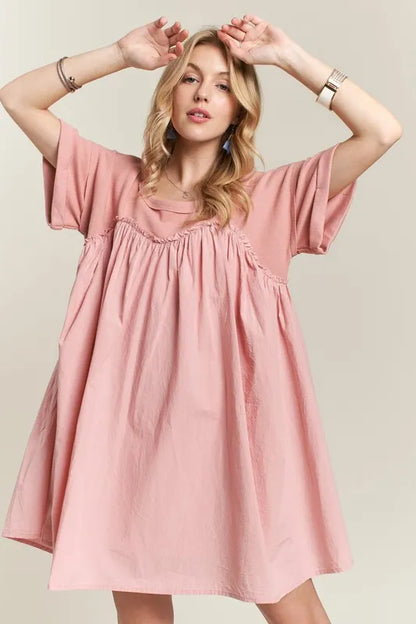 Round Neck Half Sleeve Babydoll Dress in Dusty Pink - product view 4