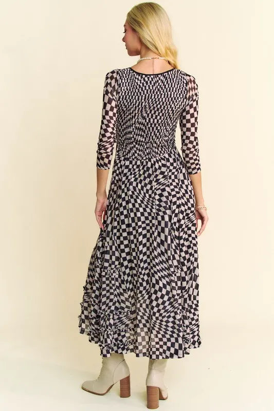 Printed Checker Mesh Flowy Maxi Dress in Black - product view 3