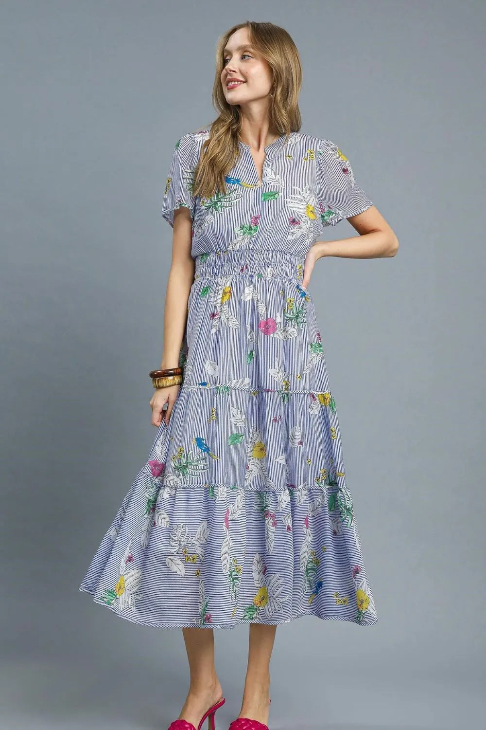 Smocked Waist Floral Short Sleeve Midi Dress in Light Blue - product view 1