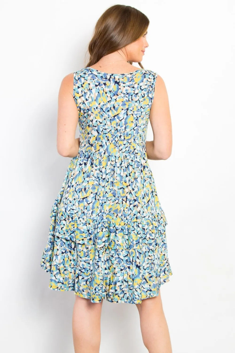 Full Size Print Wrinkle Free Ruffled Dress in Blue - product view 2