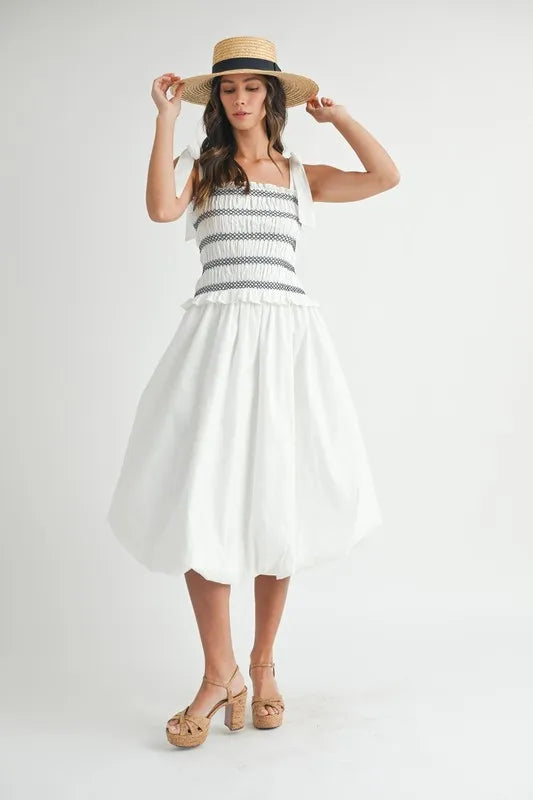 Smocked Bodice Bubble Midi Dress in Off White - product view 3