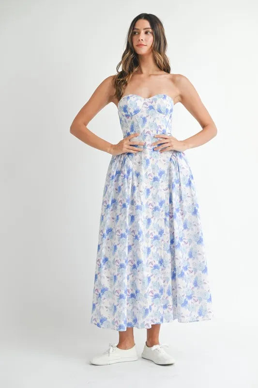 Sweetheart Neckline Floral Printed Midi Dress in Blue - product view 1