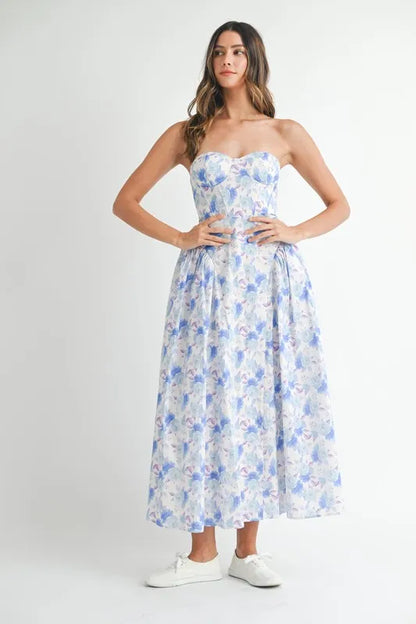 Sweetheart Neckline Floral Printed Midi Dress in Blue - product view 1