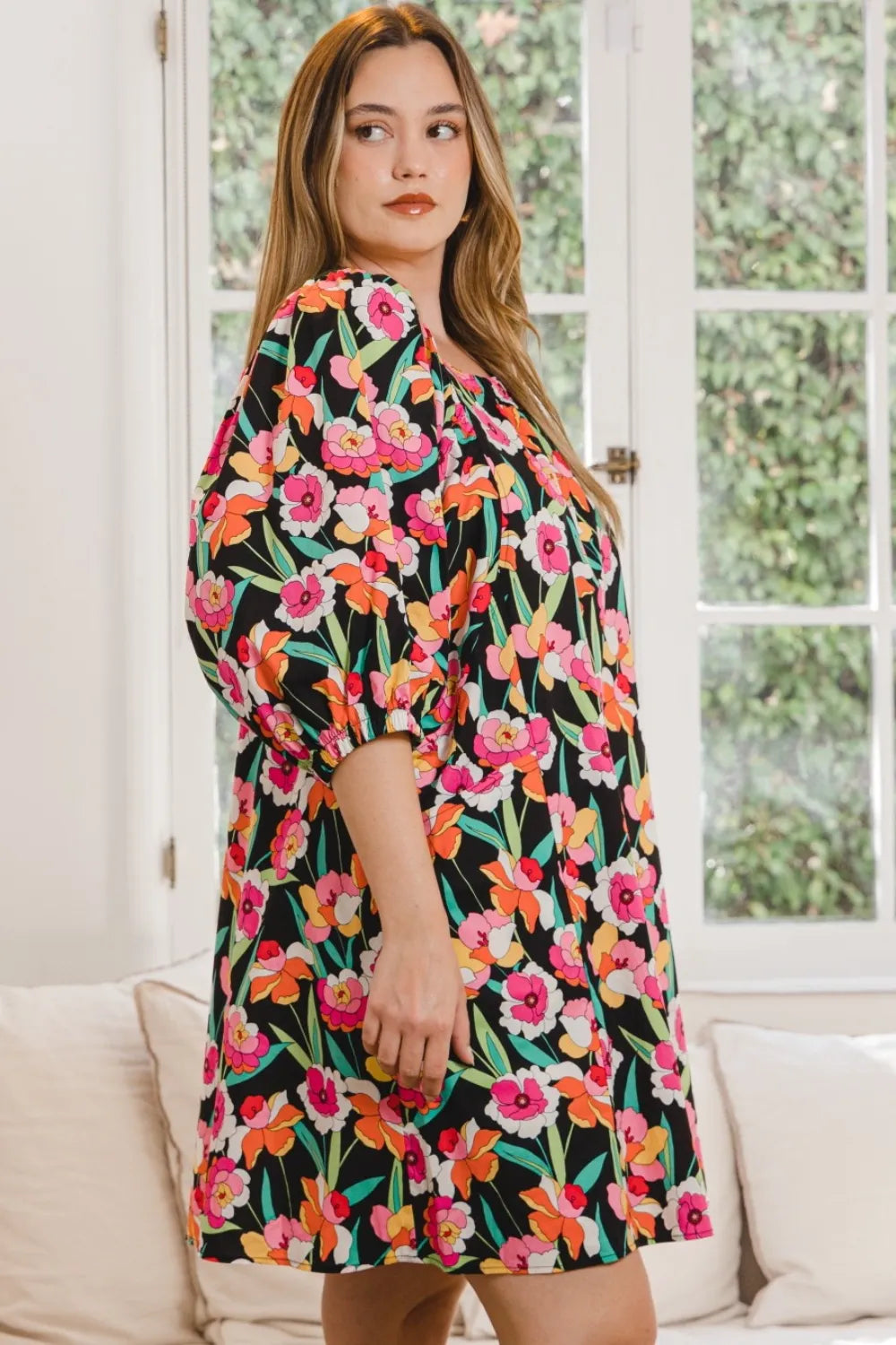 Full Size Floral Puff Sleeve Mini Dress in Black Multi - product view 3