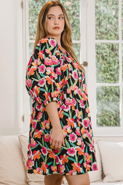 Full Size Floral Puff Sleeve Mini Dress in Black Multi - product view 3