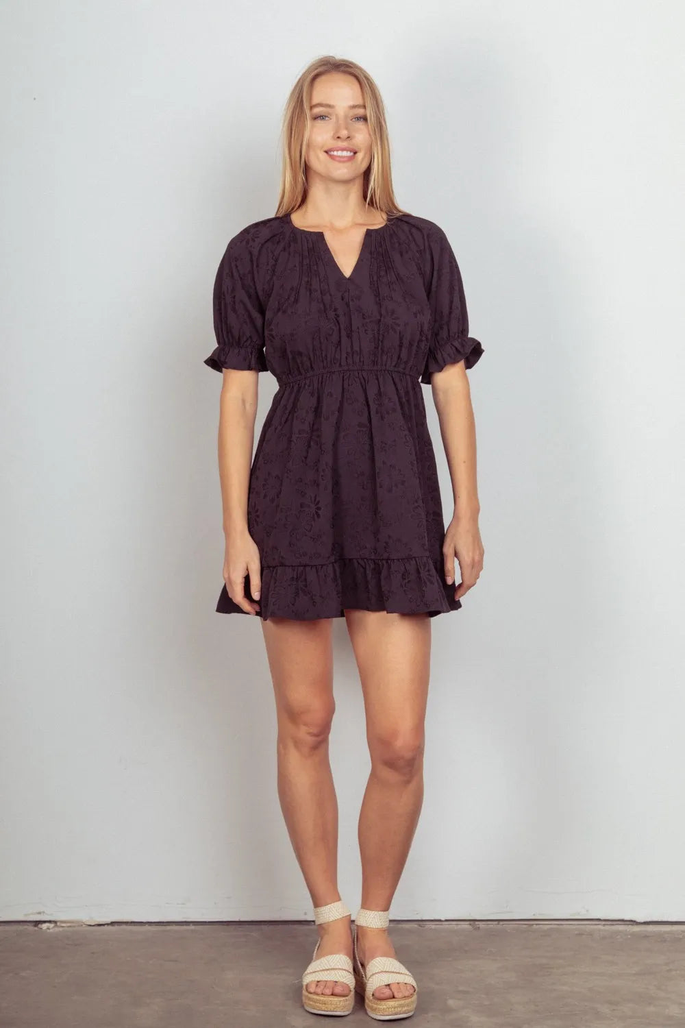 Floral Textured Woven Ruffled Mini Dress in Black - product view 4