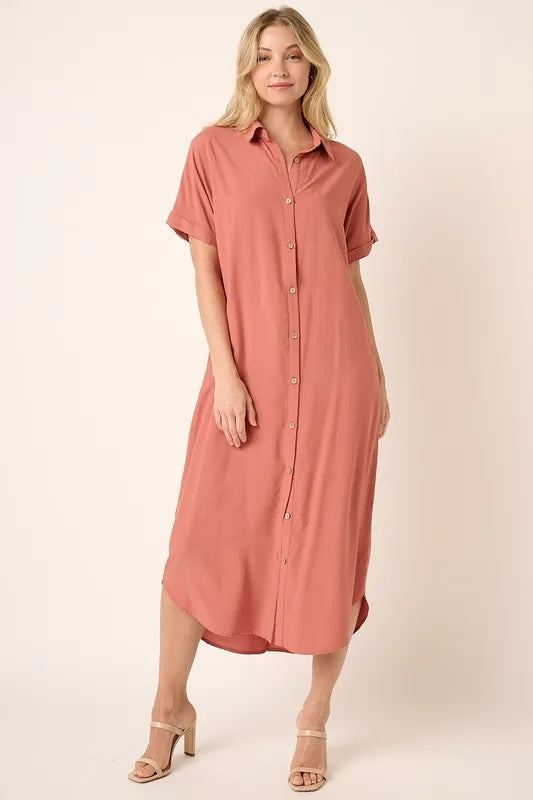 Collared Neck Dolman Short Sleeve Midi Shirt Dress in Clay - product view 1