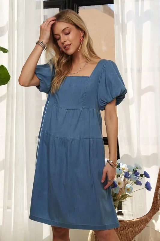 Square Neck Puff Sleeve Denim Dress in Peacock Blue - product view 4