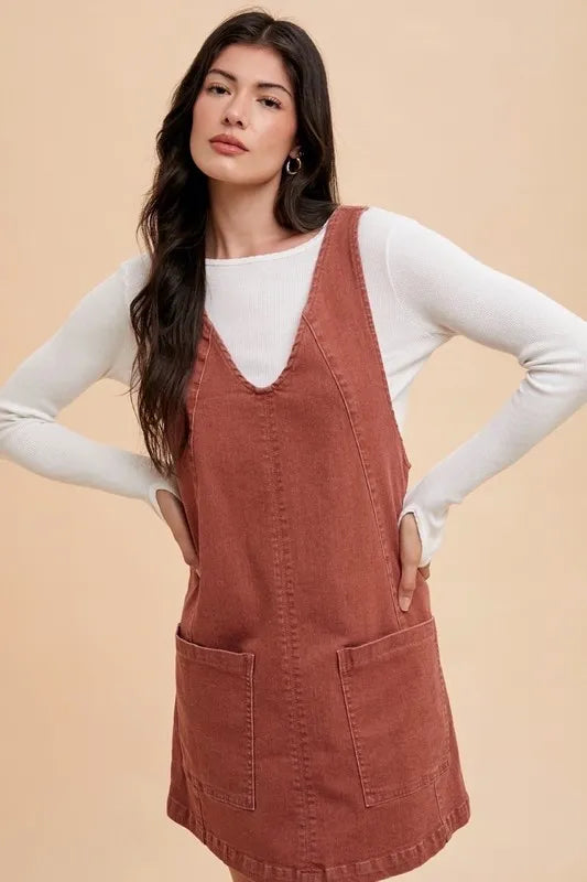 V-Neck Adjustable Strap Denim Overall Dress with Pockets - Rust - product view 4