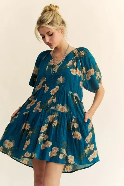 Floral Print Short Bell Sleeve Pleated Mini Dress in Teal Blue - product view 5