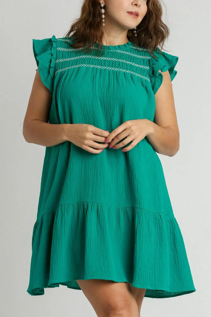 Full Size Smocked Contrast Stitching Ruffle Cap Sleeve Round Neck Dress Plus Size in Jade Green - product view 4
