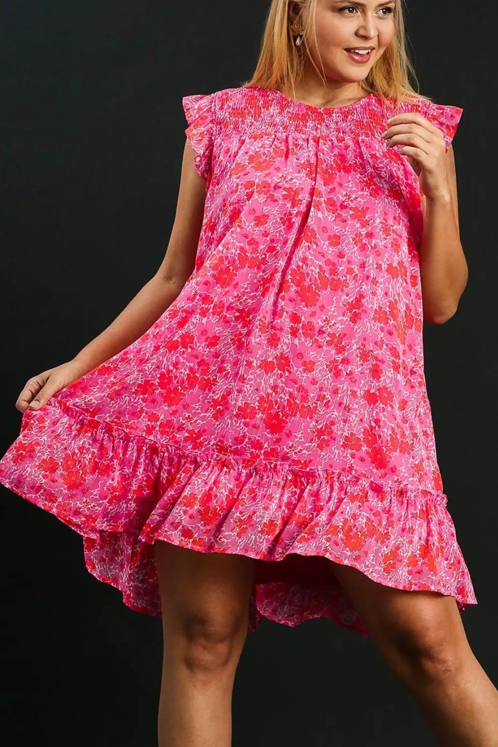 Full Size Smocked Detail Floral Metallic Ruffle Cap Sleeve Dress Plus Size - Hot Pink - product view 4