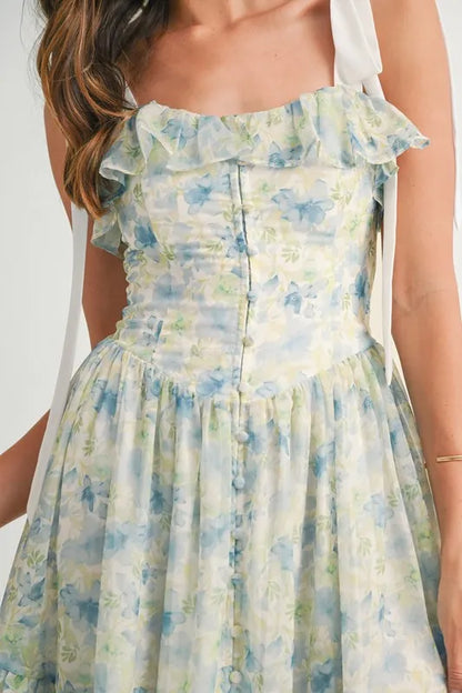 Floral Printed Shoulder Strap Midi Dress in Blue - product view 12