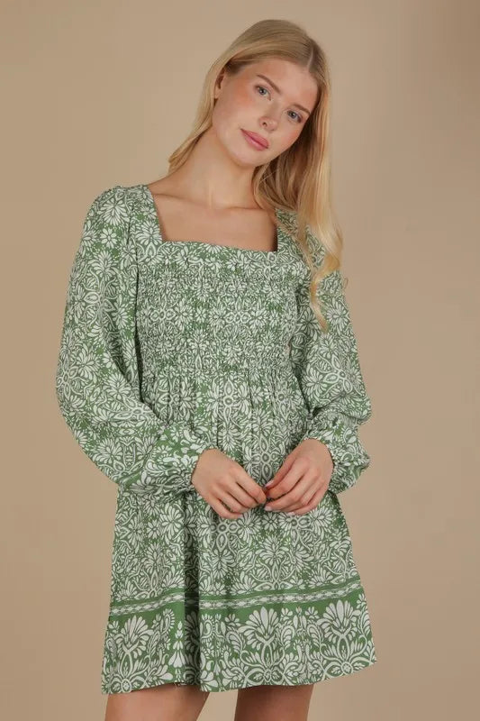 Printed Smocked Chest Boho Mini Dress - Green - product view 2