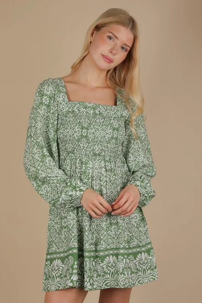 Printed Smocked Chest Boho Mini Dress - Green - product view 2