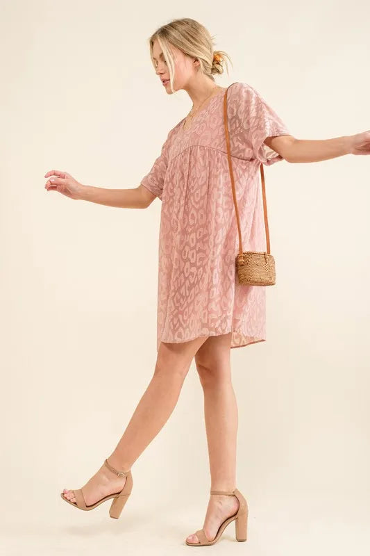 Woven Leopard Baby Doll Roll-Sleeve Casual Dress - Mauve - product view 2