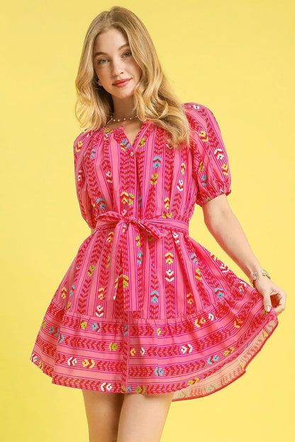 Printed Tie Waist Puff Short Sleeve Mini Dress - Hot Pink - product view 1