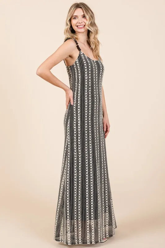Plus Size Striped Scoop Neck Beaded Strap Maxi Cami Dress in Black - product view 4