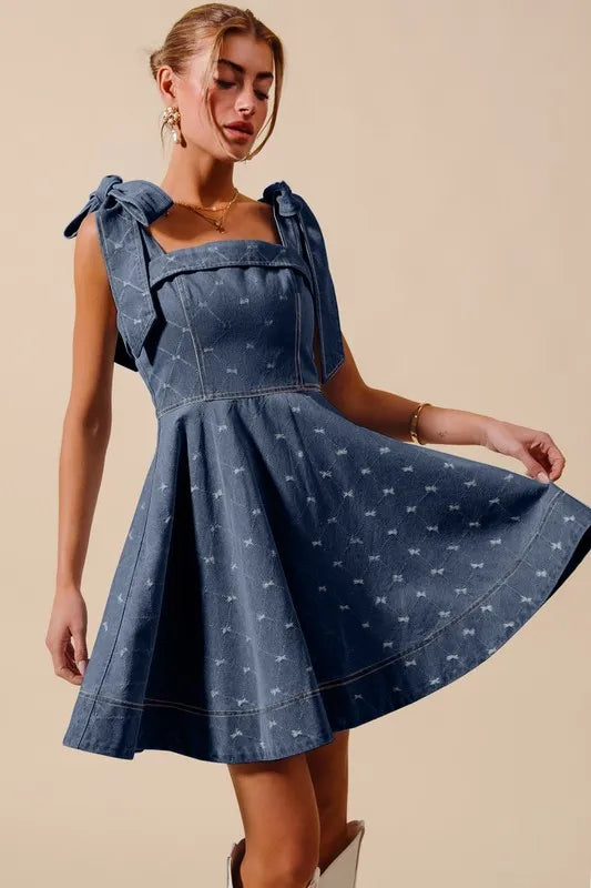 A-Line Fit and Flare Diamond Bow Ribbon Denim Dress - product view 9