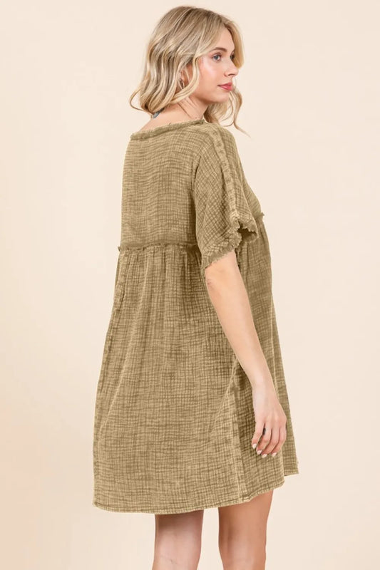 Full Size Short Sleeve Babydoll Texture Dress with Pockets - Iced Coffee - product view 2