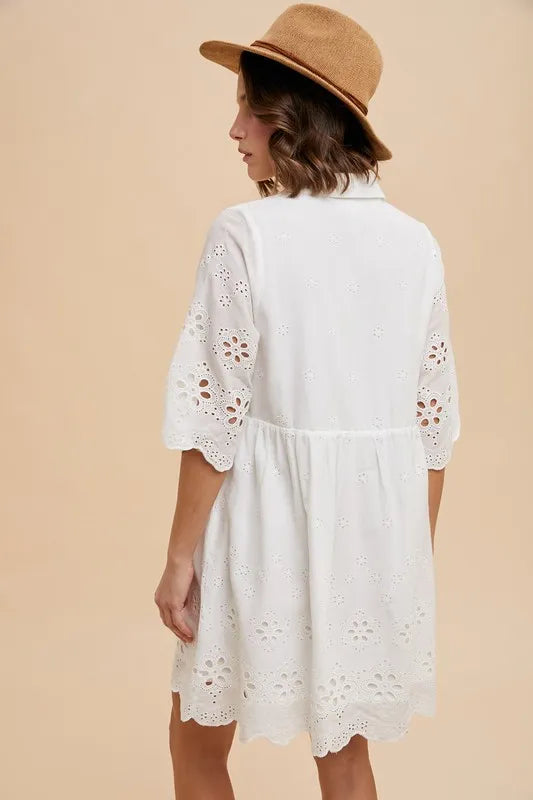 Embroidered Scallop Edge Detail Mini Shirt Dress - Ivory - product view 4