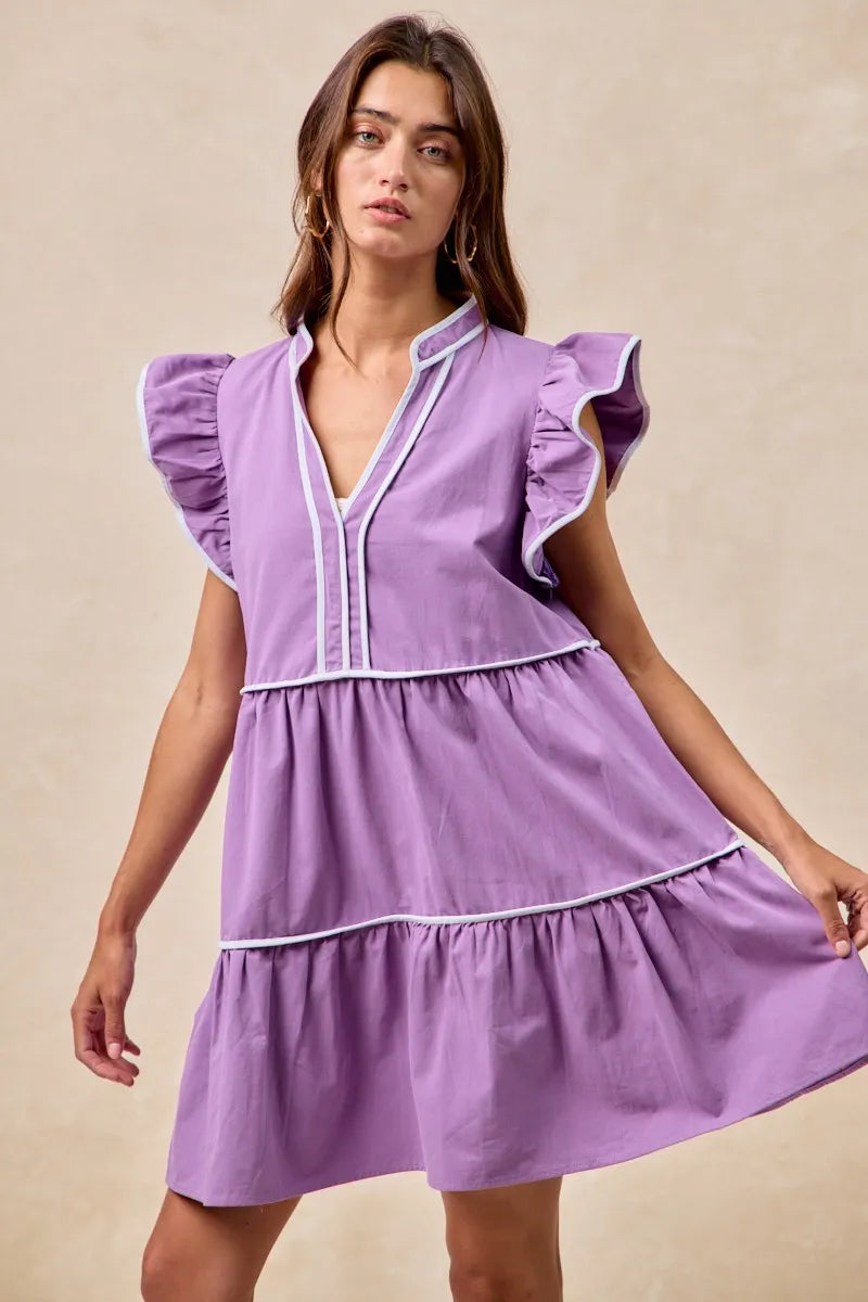 Gameday Theme Contrast Binding Ruffled Dress - Purple - product view 1