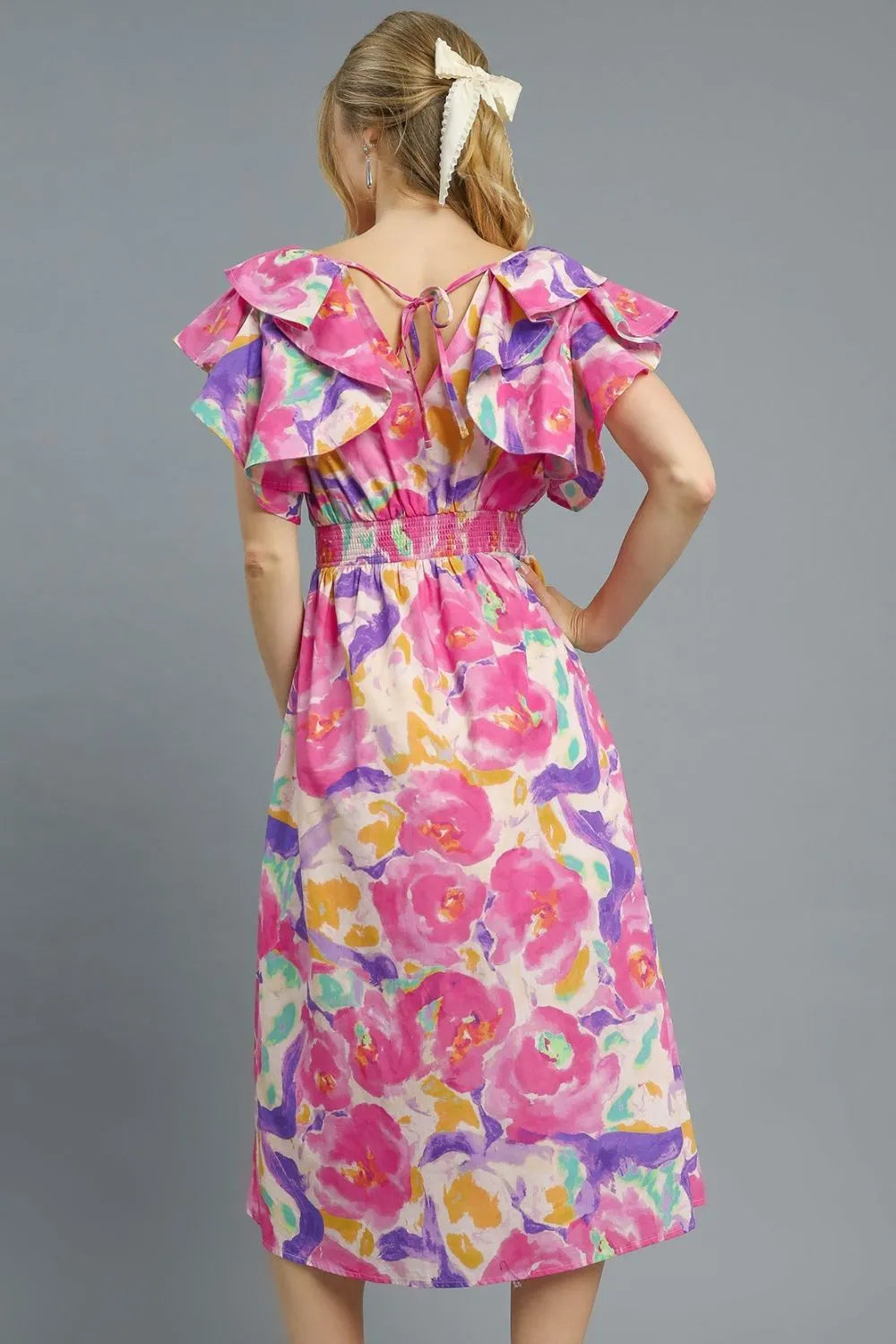 Floral Ruffled Cap Sleeve Midi Dress in Hot Pink - product view 3