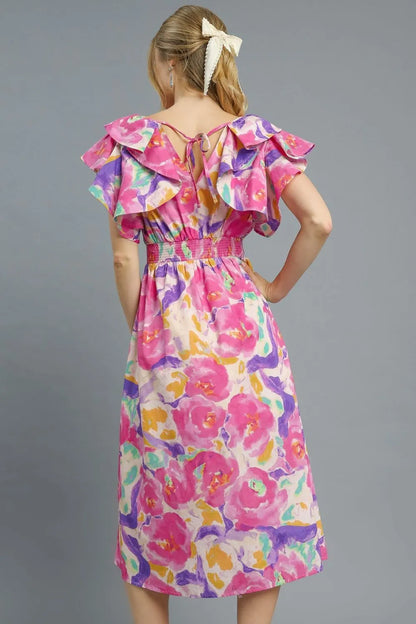Floral Ruffled Cap Sleeve Midi Dress in Hot Pink - product view 3