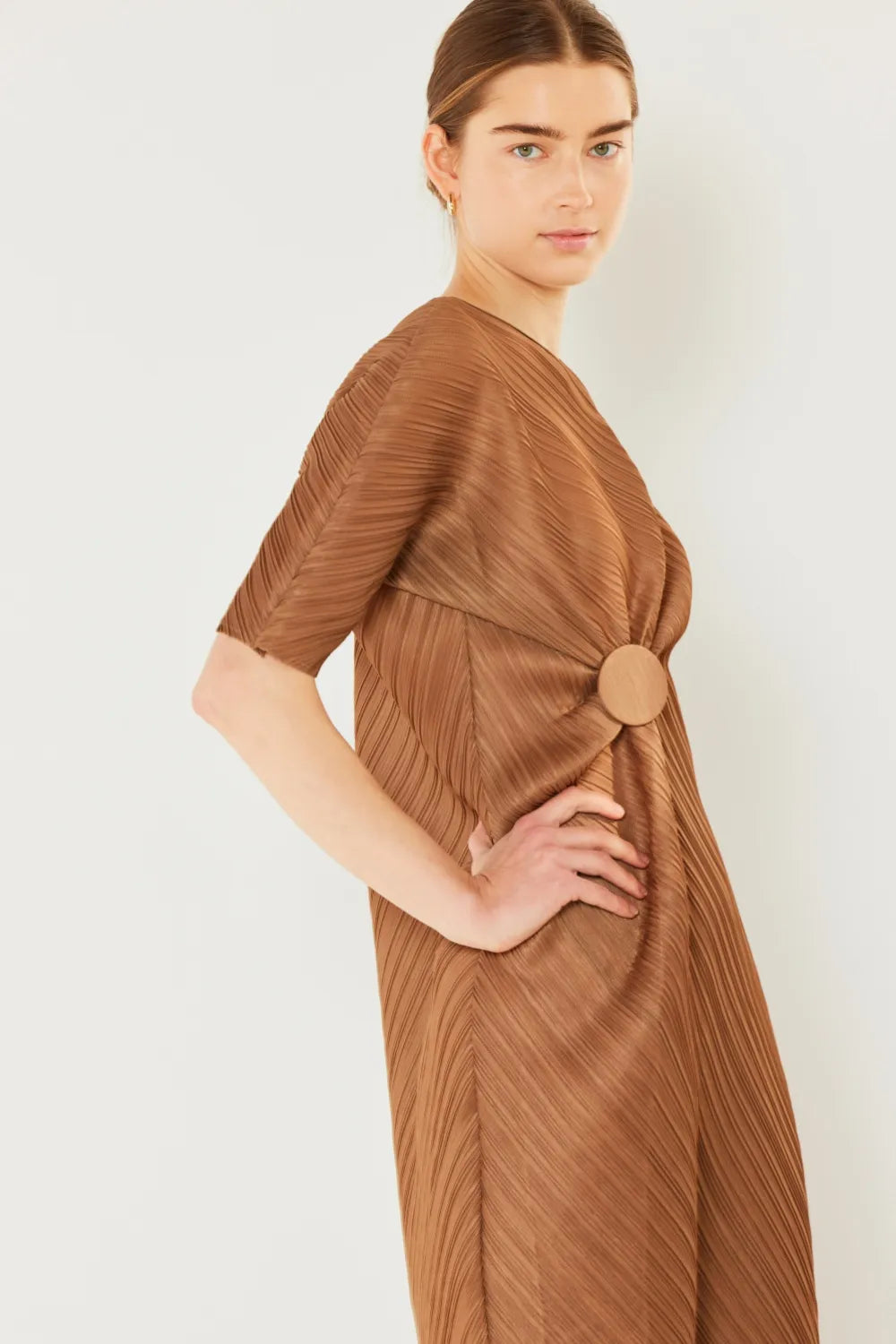 Pleated Dolman Sleeve Dress in Brown Khaki, Deep Orange and more - product view 6