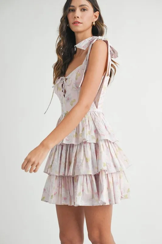 Floral Print Shoulder Tie Layered Mini Dress - Pink - product view 3
